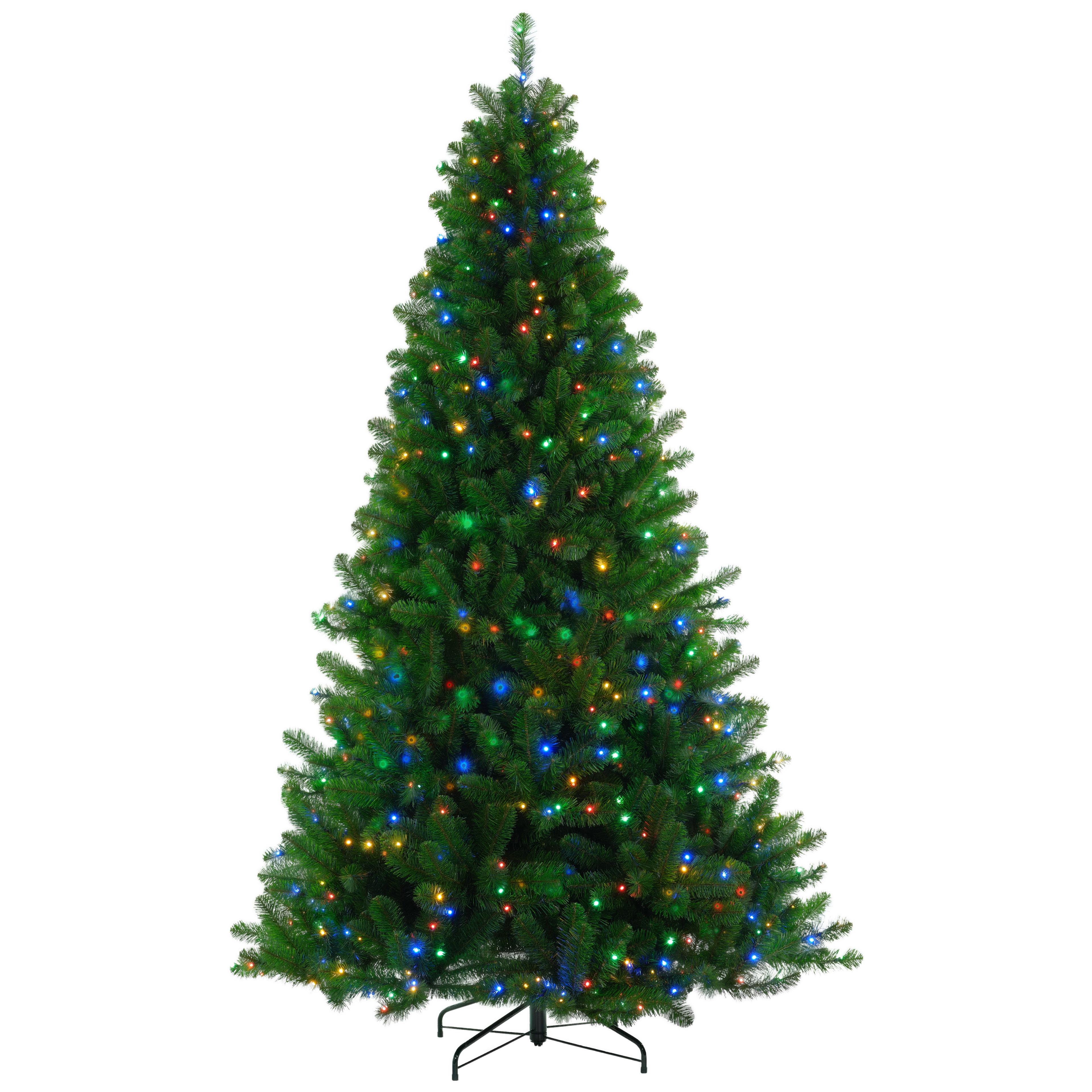 Large, bright green Christmas tree with fluffy branches and multi-coloured lights