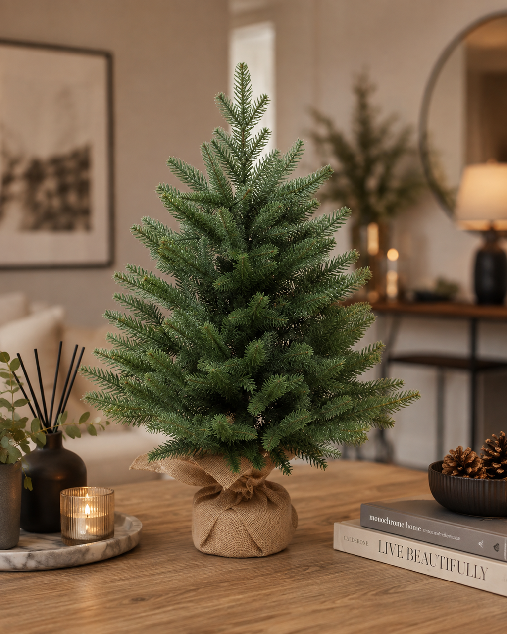 Burlap Table top Christmas tree with battery 60 cm