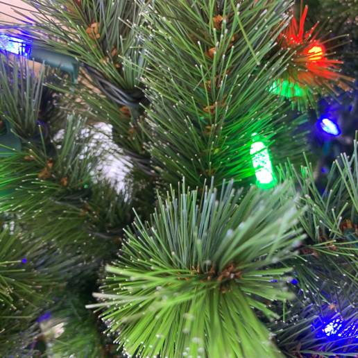 Close-up of a Christmas tree with colorful lights