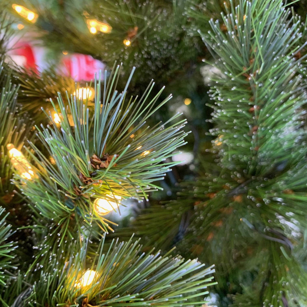 Close-up of a Christmas tree with lights and pine needles