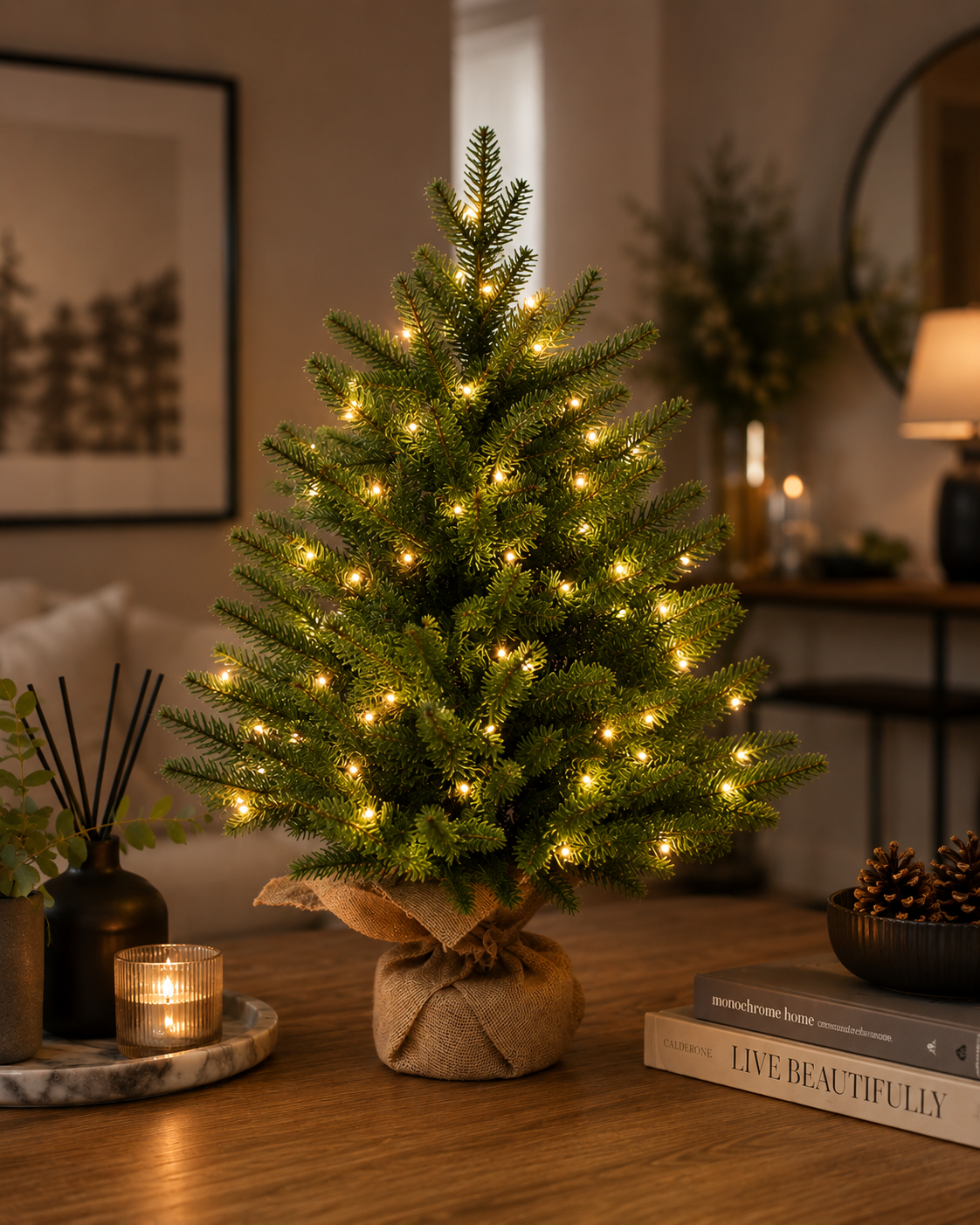 Burlap Table top Christmas tree with battery 60 cm